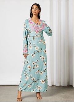 Buy Jalabiya With Heart Floral Shaped Embroidery With Belt in UAE