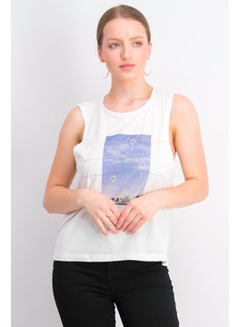 Buy Women Round Neck Sleeveless Graphic Top, White in UAE