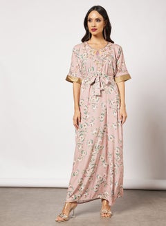 Buy Jalabiya With Floral Embroidery Long Sleeves With Belt in UAE