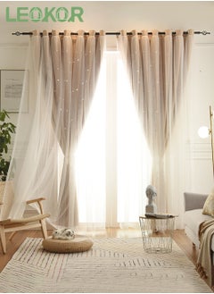 اشتري 2 Panels Stars Blackout Curtains Tulle Overlay Star Cut Out Silver Grommet Curtains 132x214CM في السعودية