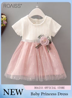 Buy Fashionable Threaded Knitted Splicing Mesh Dress For Baby Daily Cute Short-Sleeve Flower-Decorated Princess Dress in UAE