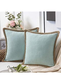 اشتري Pack of 2 Farmhouse Decorative Throw Pillow Covers Burlap Linen Trimmed Tailored Edges Light Turquoise 18 x 18 inches, 45 x 45 cm في الامارات