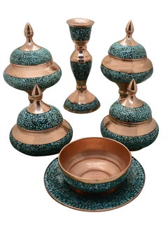 Buy Handmade Persian Inlaid Turquoise Stone,Firooze Kobi Set Made of High Quality Copper Gold/Blue in UAE