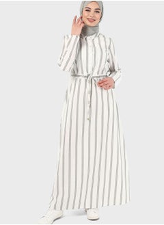 Buy Striped Button Detail Belted Dress in Saudi Arabia