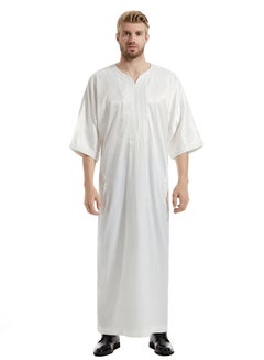 Buy Men's Solid Color Satin Embroidery Half Sleeve Abaya Robe Islamic Arabic Casual Kaftan White in UAE