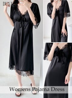 Buy Women's Lace Short  Sleeve Nightgown Sweet Silk Pajama Dress Sleepwear Girls Comfortable V Neck Nightwear Summer Home Wear  Lounge Dress in Saudi Arabia