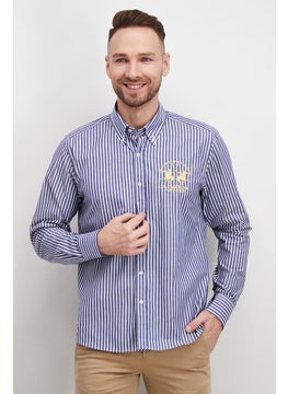 Buy Men Regular Fit Pointed Collar Long Sleeve Stripe Casual Shirt, Navy and Optic White in Saudi Arabia