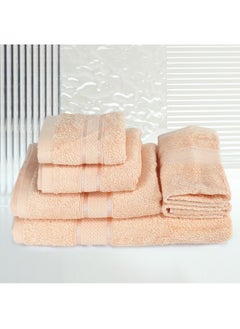 اشتري 6 Pcs ALEZAYA Dyed Towel Set 500 GSM 100% Cotton Terry Viscose Border 1xBath Towel 70x140cm 1xHand Towel 50x90cm 1xGuest Towel 40x60cm & 1xBaby Towel 30x50cm & 2xFace Towel 33x33cm Peach Color في الامارات