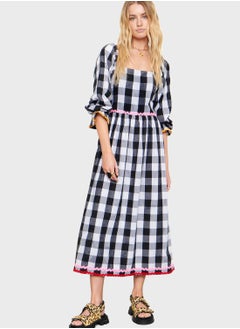 Buy Square Neck Checked Balloon Sleeve Dress in UAE