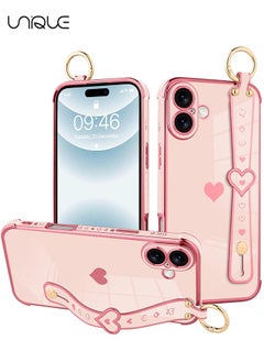 Buy Compatible with iPhone 16 Case, Adjustable Wrist Strap Kickstand, Cute Heart Luxury Gold Plating Bumper, Women Girl Men Protective Case Cover, Pink in UAE