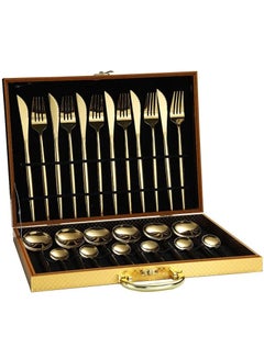 Buy 24 Pcs Stainless Steel Sleek Gold Plated Kitchen High Quality Cutlery Tableware Set Fork Spoon Knife in Velvet Gift Wooden Box in UAE