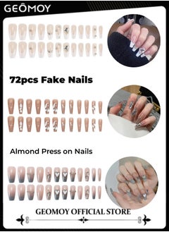 اشتري 3 Packs 72pcs  Almond Press on Nails Long French Tip Fake Nails Tip Full Cover False Nails Acrylic Artificial Nails for Women في الامارات