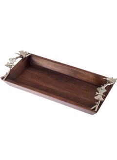 Buy Rectangular wood tray with butterfly decor metal handle in Saudi Arabia