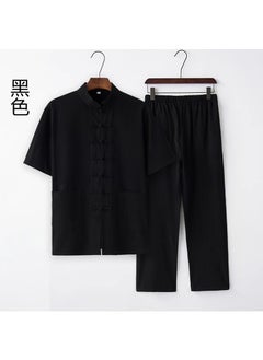 اشتري Mens Cotton Linen Tang Suit Summer Casual Black [short sleeve + trousers]] في السعودية