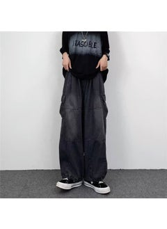 Buy Japanese Style Retro Wide Leg Large Pocket Overalls Mens Spring and Summer New Fashionable Brand Ins Neutral Loose Straight Jeans Black Gray in Saudi Arabia