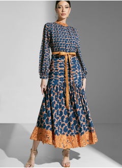 Buy Floral Print Tiered Belted Dress in UAE