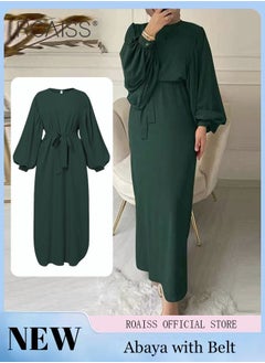 Buy Abaya with Belt for Women Ladies Long Sleeve Dress Classic Style Lantern Sleeve Tunic Round Neck Casual Elegant Dress for Daily Outfit in UAE