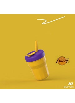 Buy Portable Removable Straw Cup 395ml,  Fashionable Drop-Resistant Food-Grade PP Plastic Cup, Lakers Yellow and Purple Color Water Bottle Coffee Cup, Reusable Wide Mouth Cup for Kids Adults in Saudi Arabia