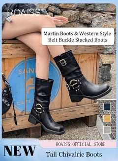 Buy Belt Buckle Leather Mid Calf Boots for Women Slip On Square Toe Chunky Heel High Boot Vintage Martin Shoes in Saudi Arabia