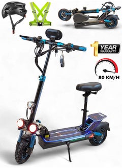 اشتري Electric Folding Scooter with RGB Lights, 2000W Motor, 48V 15Ah Battery, Max Speed 80 KM/H, 40 KM Range, 10-Inch Wheels, Seat Included, Remote Lock, Big Digital Display, Bright Triple Headlights في الامارات