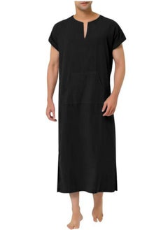 اشتري Men's Muslim Solid Color Loose Robe Thobe Short Sleeve Side Split Kaftan Black في الامارات