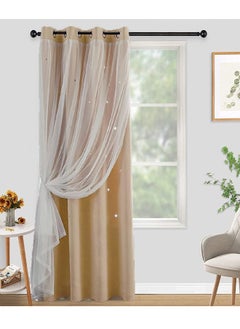 اشتري Double Layer Hollow Out Star Window Blackout Curtains for Kids Girls Bedroom Living Room Beige/White 132X160/132x213/132X240cm في الامارات