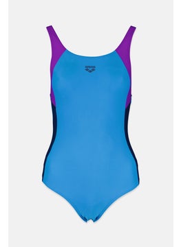 Buy Women Brand Logo Sleeveless One Piece Swimsuit, Blue and Navy and Purple in Saudi Arabia