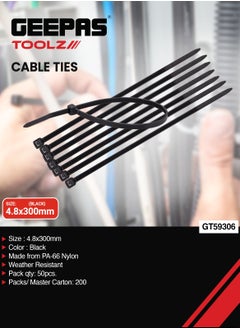 اشتري Geepas Cable Ties GT59306, 4.8 X 300 MM, Pack Of 50 Pieces, Ideal For Organizing and Securing Cables and Wires, Made from PA-66 Nylon, Black في الامارات