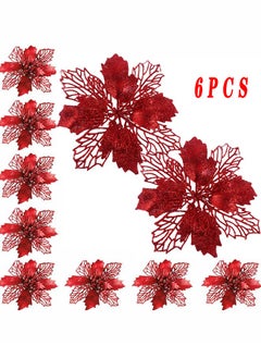 Buy Glitter Poinsettia Flowers Artificial, 10 PCS Red Decorations Tree Ornaments For Holiday, Seasonal, Wedding Party Wreath DIY Decors in Saudi Arabia