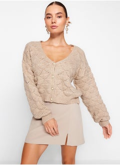 Buy Mink Openwork/Perforated V-Neck Knitwear Cardigan TWOAW24HI00311 in Egypt