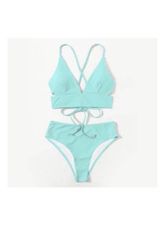 اشتري 1-Set Solid Colour Split Swimsuit,Gathered High Waist Swimsuit,Colour Light Blue,Size S في الامارات