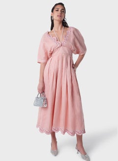 Buy Embroidered Neck & Hem Lurex Linen Dress in UAE