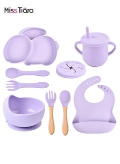 اشتري 9 Pcs Baby Feeding Set Silicone Baby Plate and Bowl Set with Suction Cup BPA-Free Baby Tableware Set Baby Led Weaning Supplies with Bib Bowl Spoon Fork Drink Cup Washable Microwave Safe for Toddler في السعودية