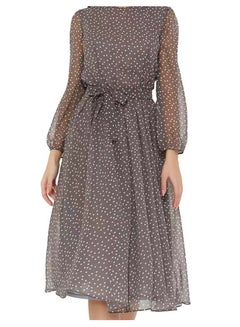 Buy Women's Long Sleeve Chiffon Dress Printed Fashion Lace Polka Dot Dress Spring Summer Drawstring Waist Midi Dress for Casual Party Coffee in Saudi Arabia