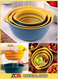 Buy 3 Piece Kitchen Double Drain Basket 2 in 1 Fruit and Vegetable Cleaning Strainer with Colander for Easy Draining, Fruit Washing Basket Double Layer Colander in UAE