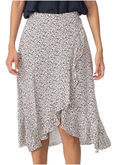 Buy Polka Dot Wrap Midi Skirt with Ruffle Hem - High-Waisted Asymmetrical Skirt in UAE