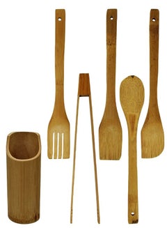 Buy Bamboo Wooden Spoons For Cooking 5 Piece Bamboo Utensils With Wooden Holder in UAE
