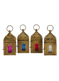 اشتري HilalFul Mini Brass Antique Style Decorative Candle Holder Lanterns - Multicolor Glass (Set of 4) | For Home Décor in Eid, Ramadan, Wedding | Living Room, Bedroom, Indoor, Outdoor Decoration في السعودية