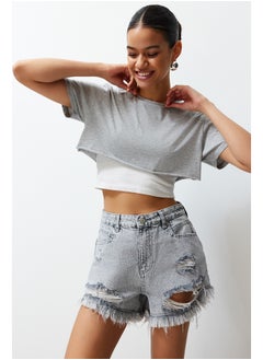 Buy Gray Ripped Detailed High Waist Denim Shorts TWOSS22SR00152 in Egypt