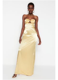 Buy Light Yellow Weave Satin Long Evening Dress with Window/Cut Out Detail TPRSS23AE00036 in Egypt