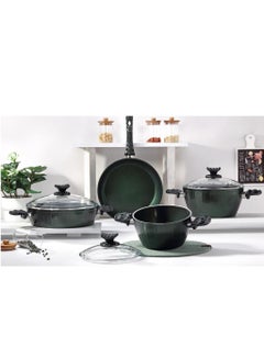 اشتري 7-Piece Farah Cookware Set - Tempered Glass Lids - 2 Deep Pots - 1 Low Pot - 1 Frypan - Non-Stick Ceramic Surface - PFOA Free - Green في الامارات