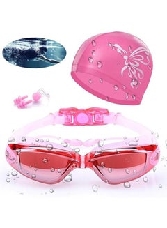اشتري Adjustable Swimming Goggles Waterproof and Cap Set 4 in 1, UV 400 Protection Lenses Clear Anti-Fog في الامارات
