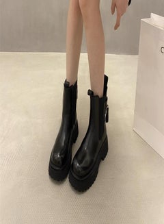Buy Women's Chelsea Boots Autumn Fashion Chunky Leather Boots Simple Pull-On Lug Ankle Boots with Comfortable and Elastic Sole in Saudi Arabia