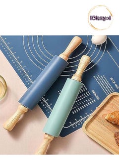 اشتري LUKSYOL Mint Green Silicone Rolling Pin with Wooden Design, Board Set  - Premium Quality Kitchen Essential for Baking, Roti Making, and More - Versatile, Stylish, and Durable Kitchen Accessory . في الامارات