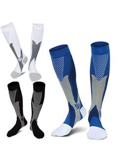 اشتري 3 Pairs of Sports Compression Socks, 20-30 mmhg Men's and Women's Running and Cycling Socks, Calf-length Sports Compression Gear Sleeve (Black+White+Blue, XL) في الامارات