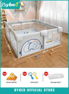 Buy Baby Playpen Fence, Portable Babies Playards for Toddlers, Safety Infant Activity Center,  Sturdy Play Area, with 2 Pull Rings, 60 Marine Balls and Storage Bag, 180x200cm in UAE