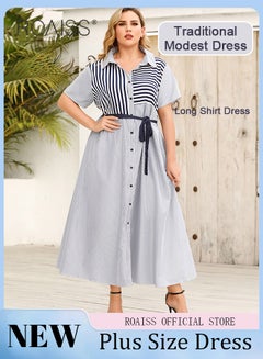 Buy Plus Size Women Striped Shirt Dress Turn Down Collar Waist Tie Mid Length Sleeves Traditional Female Attire Loose Fit Fashionable and Versatile Flattering for All Body Types in Saudi Arabia