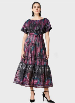 Buy Boat Neck Belted Tiered Dress in UAE