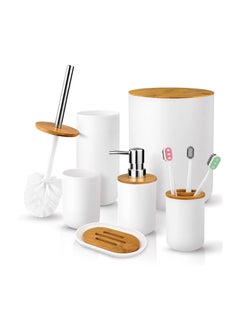 اشتري Bathroom Accessory Set 6 PC Bamboo White Bathroom Set Includes Toothbrush Cup & Holder Soap Dispenser Soap Dish Durable Toilet Brush with Holder في الامارات
