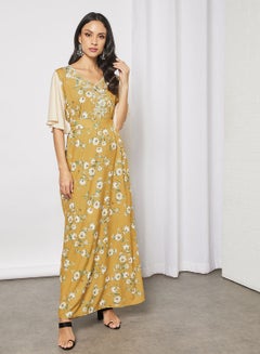 Buy Jalabiya With Light Floral Embroidery In Short Sleeves With Belt in UAE